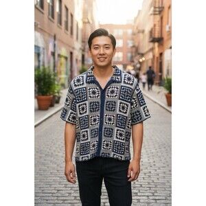 NovaMen Crochet Patchwork Sweater Mens Sm Multicolor Boho Retro Y2K Grandpacore